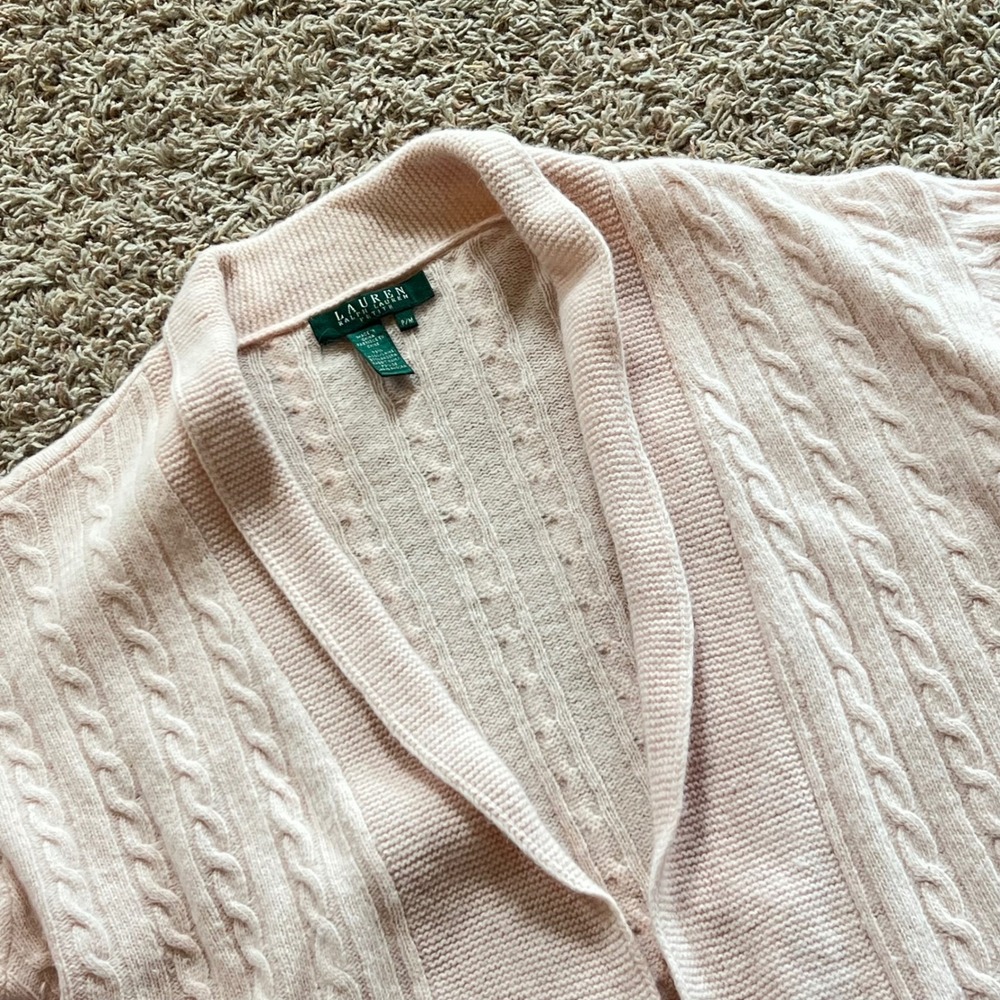 Lauren Ralph Lauren‎ Pink Wool Angora Cable Knit Shawl Cardigan Petite Medium